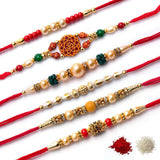 Assorted Attractive Kundan Om Shape Rakhi With Roli & Chawal (Set Of 6, Multi) - Walgrow.com