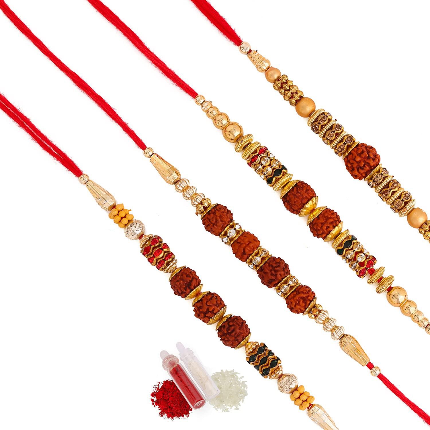 Assorted Attractive Round Rudraksha With Stone Rakhi With Roli & Chawal (Set Of 4, Multi) - Walgrow.com