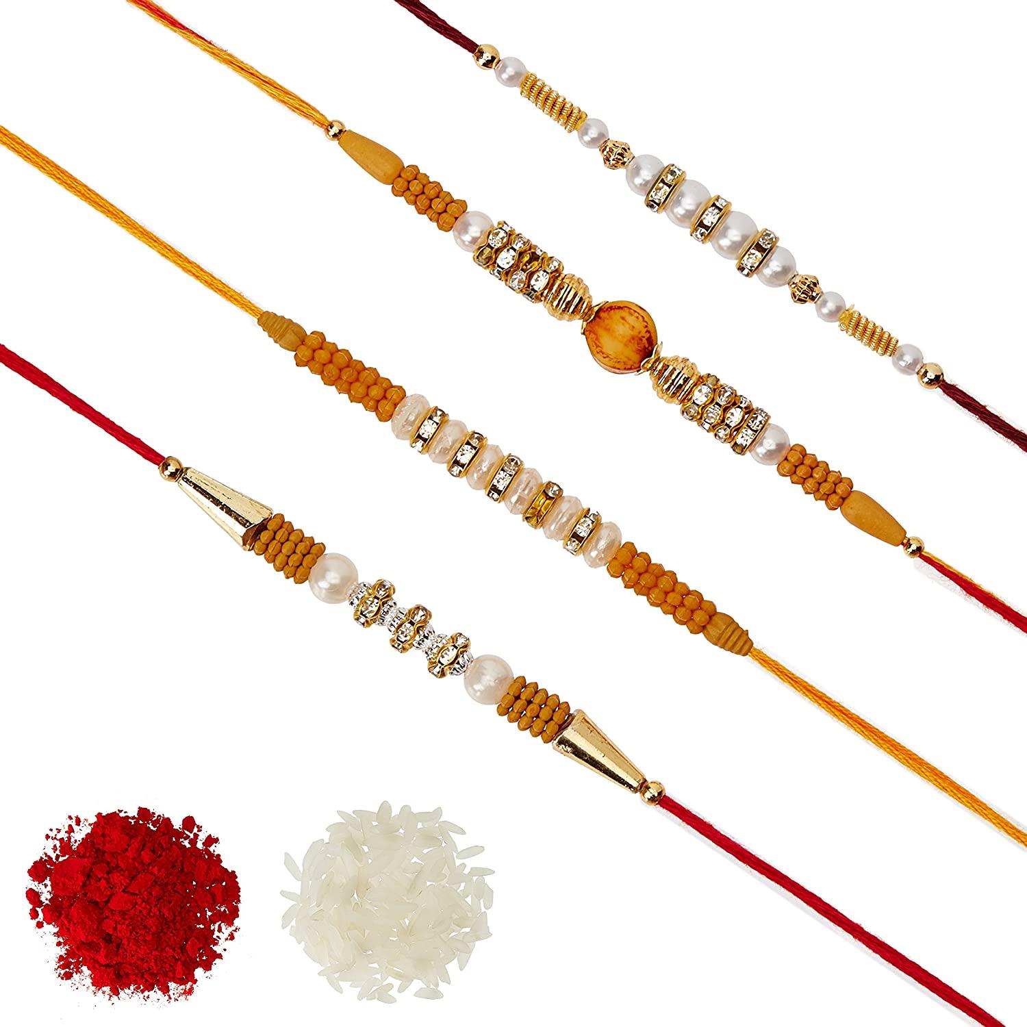 Assorted Attractive White AD Nug With Wooden Beads Rakhi With Roli & Chawal (Set Of 4, Multi) - Walgrow.com