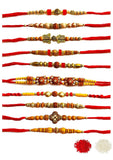 Assorted Design Gold Plated Rakhi With Roli & Chawal For Beloved Brother (Set Of 10, Multi) - Walgrow.com