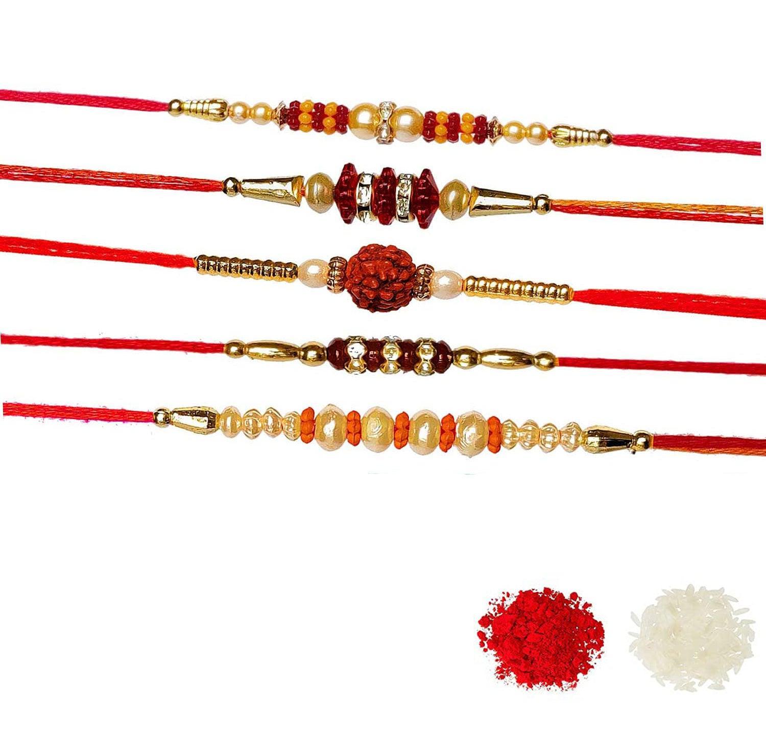 Assorted Design Rudraksha Moti Rakhi With Roli & Chawal (Set Of 5, Multi) - Walgrow.com