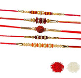 Assorted Design Rudraksha Moti Rakhi With Roli & Chawal (Set Of 5, Multi) - Walgrow.com