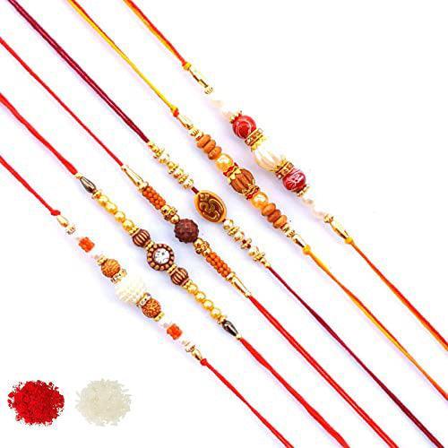 Assorted Wonderful Rudraksha Rakhi For Raksha Bandhan With Roli & Chawal (Set Of 6, Multi) - Walgrow.com