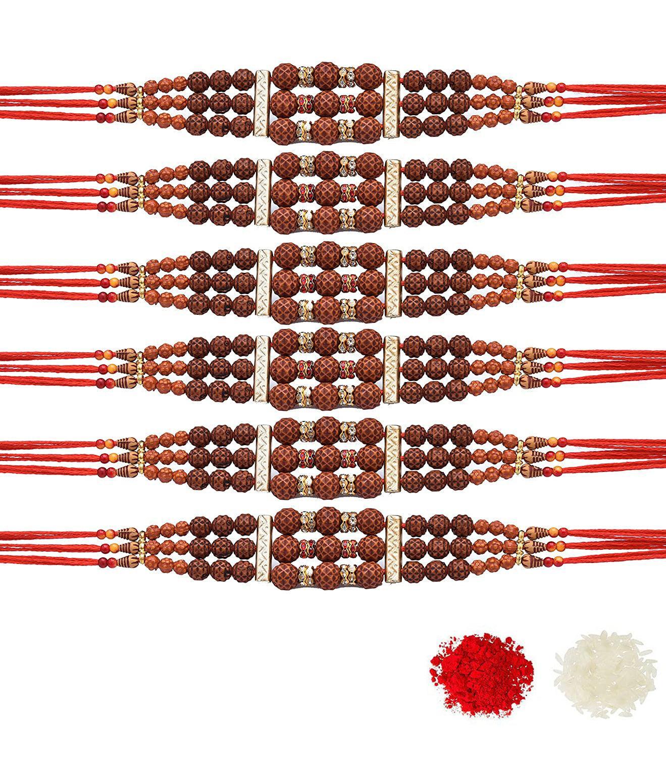 Assorted Wonderful Rudraksha Rakhi Raksha Bandhan With Roli & Chawal (Set Of 6, Multi) - Walgrow.com