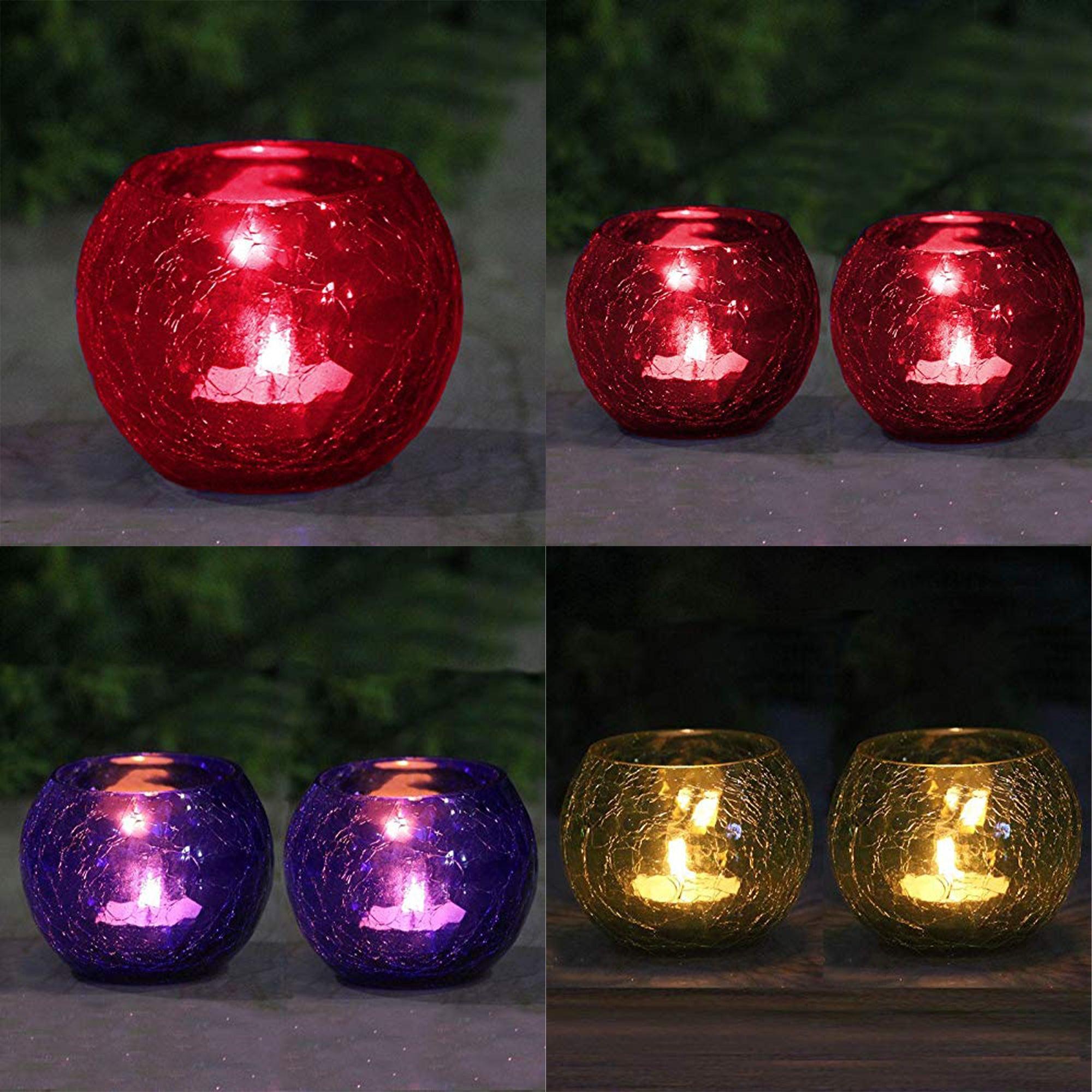 Crackled Round Glass Mosaic Tealight Candle Holders (7 Cm x 10 Cm x 10 Cm ,Pack Of 2) - Walgrow.com