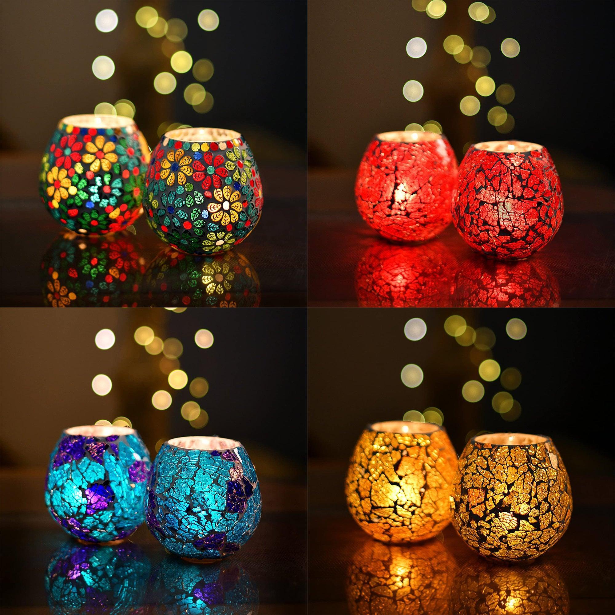 Handcrafted Mosaic Turkish Moroccan Glass Tealight Candle Holder (11 Cm x 12 Cm x 12 Cm, Pack Of 2) - Walgrow.com