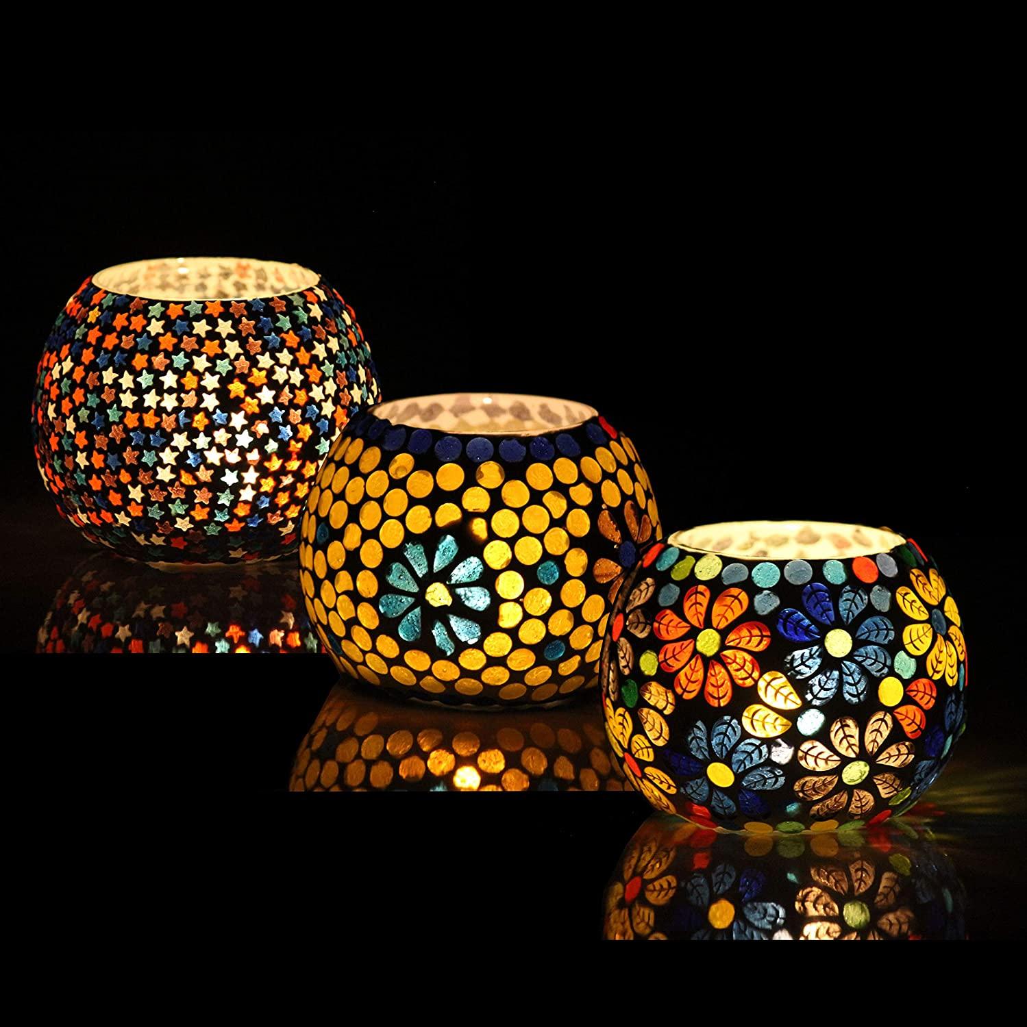 Handcrafted Mosaic Turkish Moroccan Tea Light Candle Holders (7.6 Cm x 8.3 Cm x 8.3 Cm, Pack Of 3, Multi) - Walgrow.com