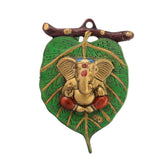 Indian Religious Green Leaf Metal Lord Ganesha For Wall Hanging (Multicolour) - Walgrow.com