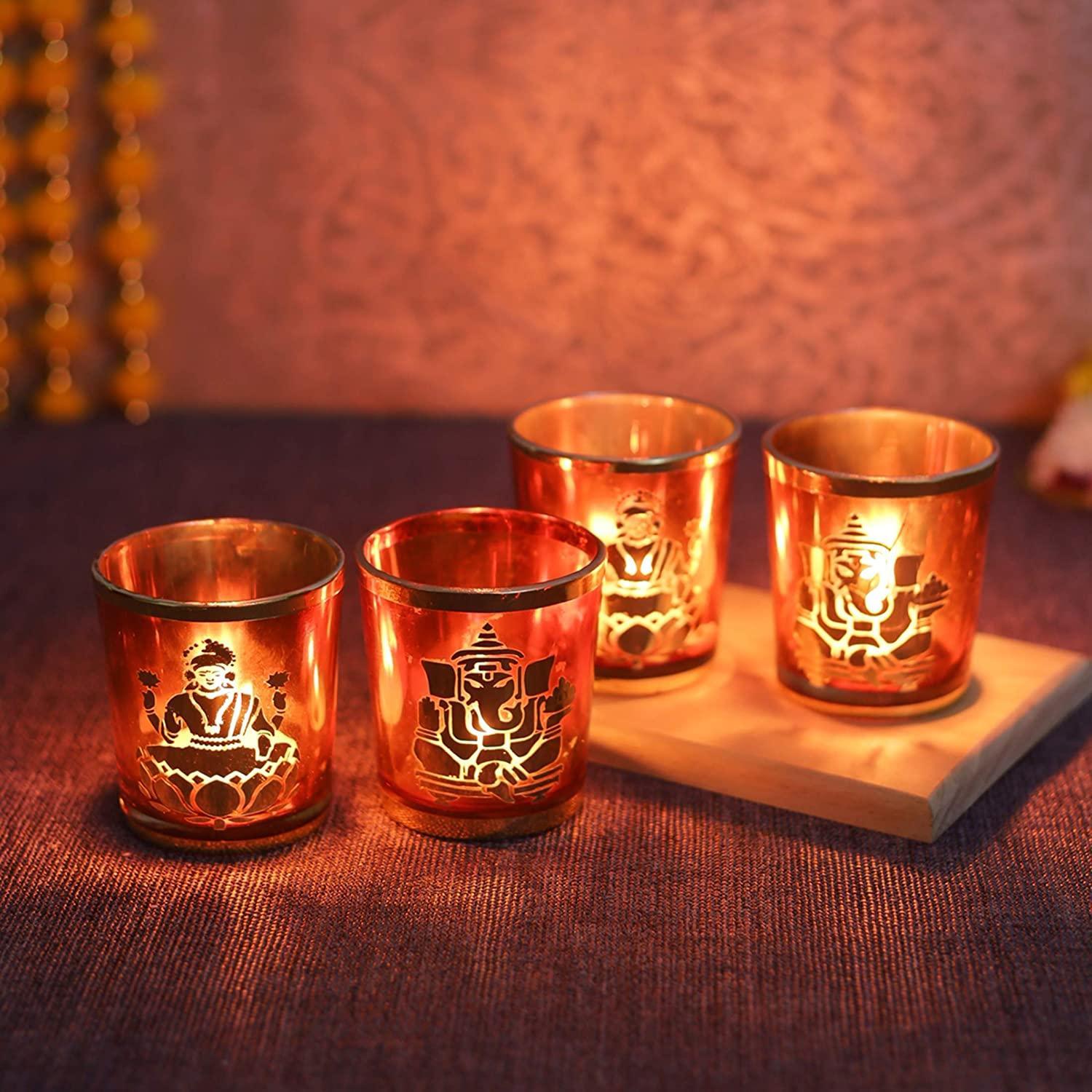 Laxmi and Ganesh Votive Glass Tealight Candle Holders For Gift, Home Décoration - Walgrow.com