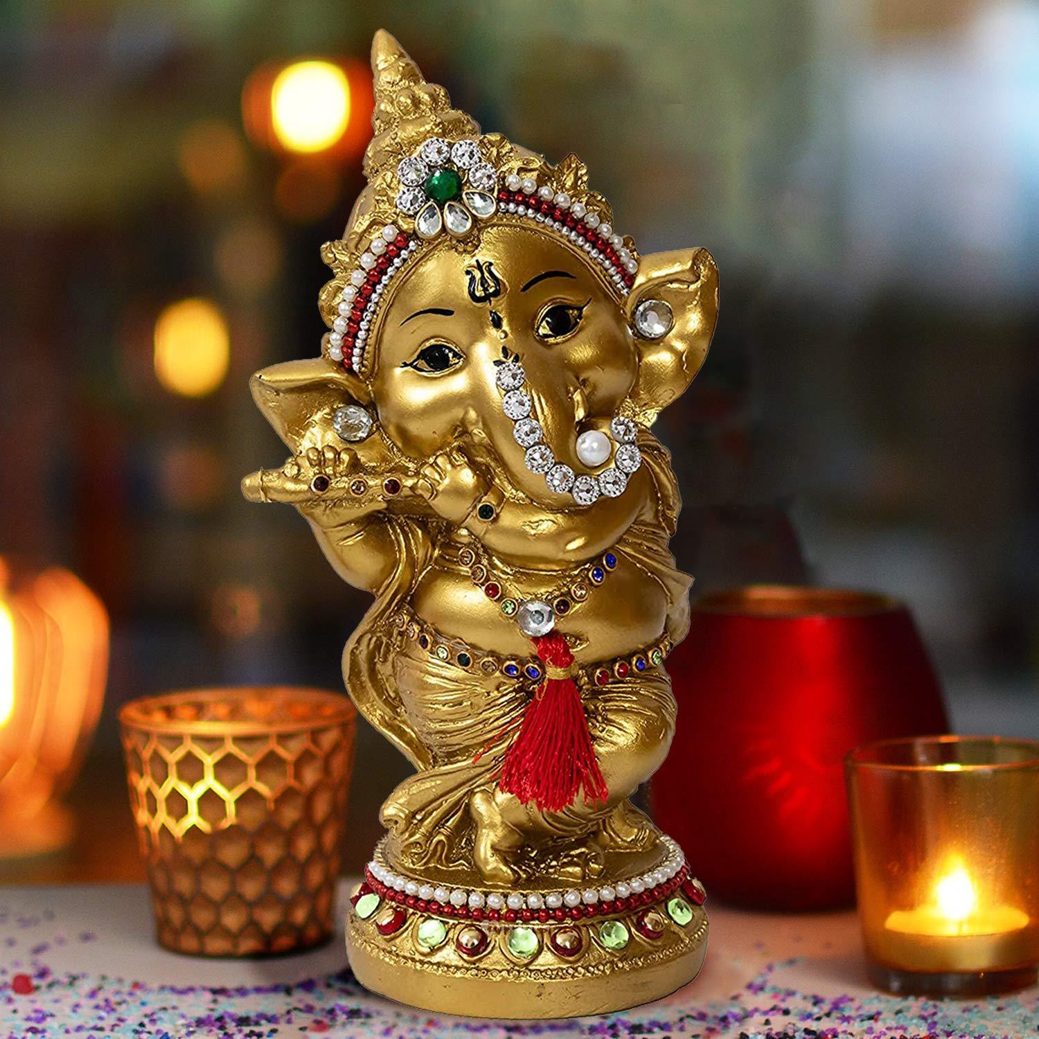 Metal Lord Ganesh Idol Playing Bansuri Statue For Pooja, Home Décor & Gifts Purpose - Walgrow.com