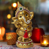 Metal Lord Ganesh Idol Playing Bansuri Statue For Pooja, Home Décor & Gifts Purpose - Walgrow.com