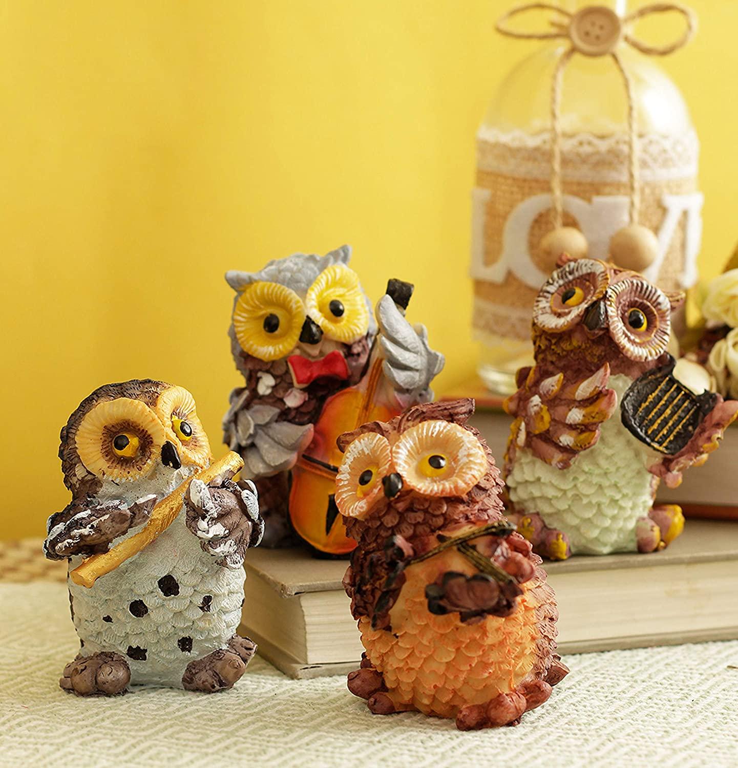 Showpiece Figurines Musical Instruments Playing 4 Owls Garden Statues For Décor - Walgrow.com