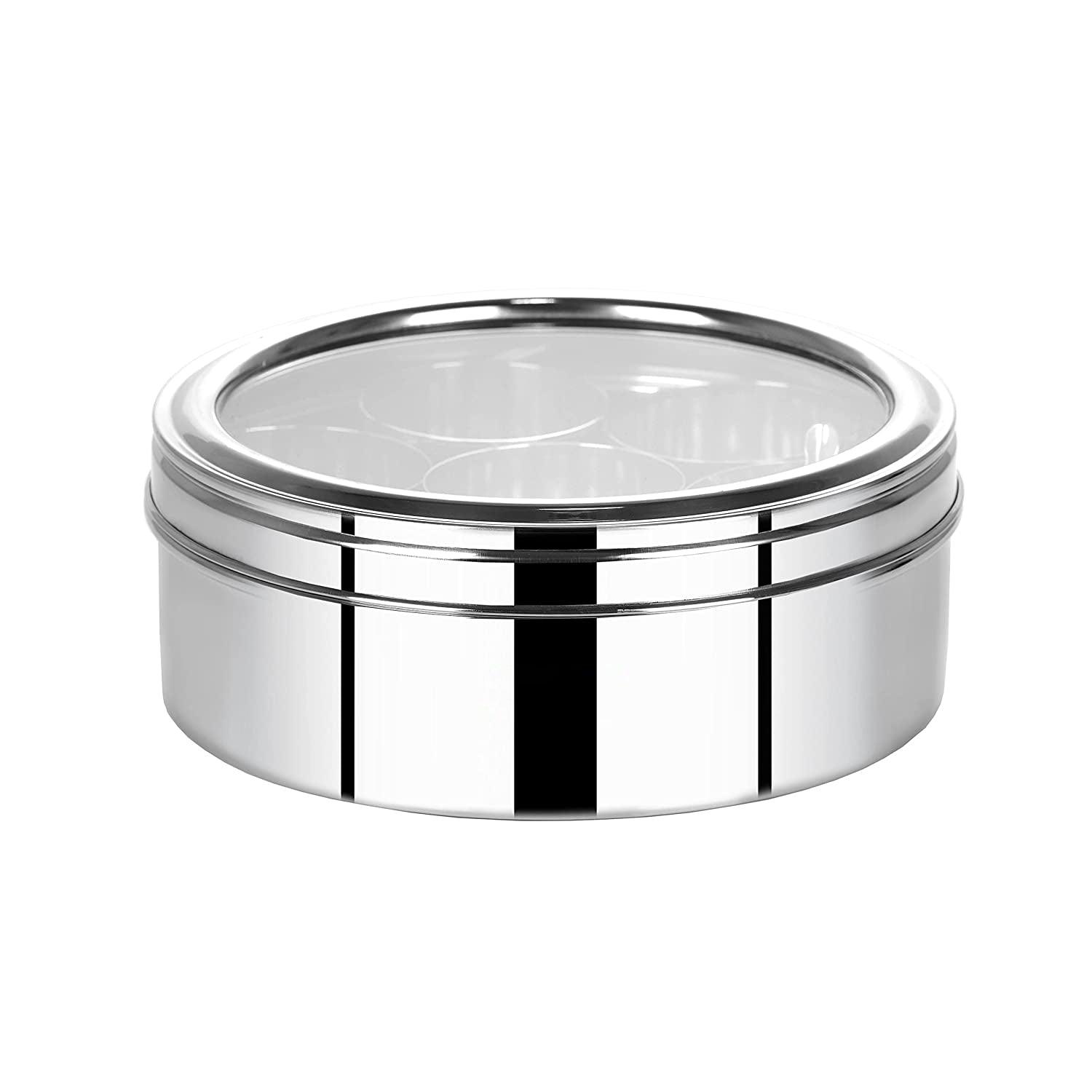 Stainless Steel Round Spices Dabba/Box/Organiser with Lid, 7 Containers & Spoon - Walgrow.com