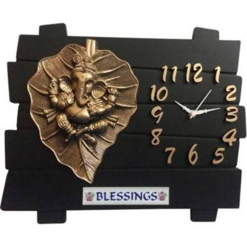 Traditional Lord Religion Square Analog Wall Home Decor Clock (On Leaf Ganesha, Black and Golden) - Walgrow.com