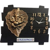 Traditional Lord Religion Square Analog Wall Home Decor Clock (On Leaf Ganesha, Black and Golden) - Walgrow.com