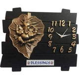 Traditional Lord Religion Square Analog Wall Home Decor Clock (On Leaf Ganesha, Black and Golden) - Walgrow.com