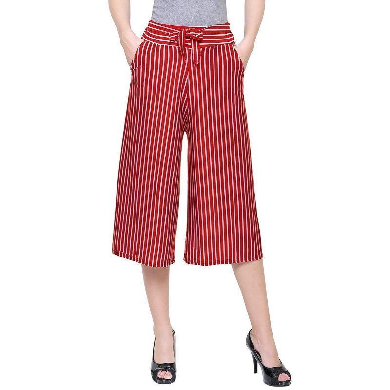 Women's Casual Wear Loose Fit Solid White Base Striped Capri Culottes (One Size) - Walgrow.com