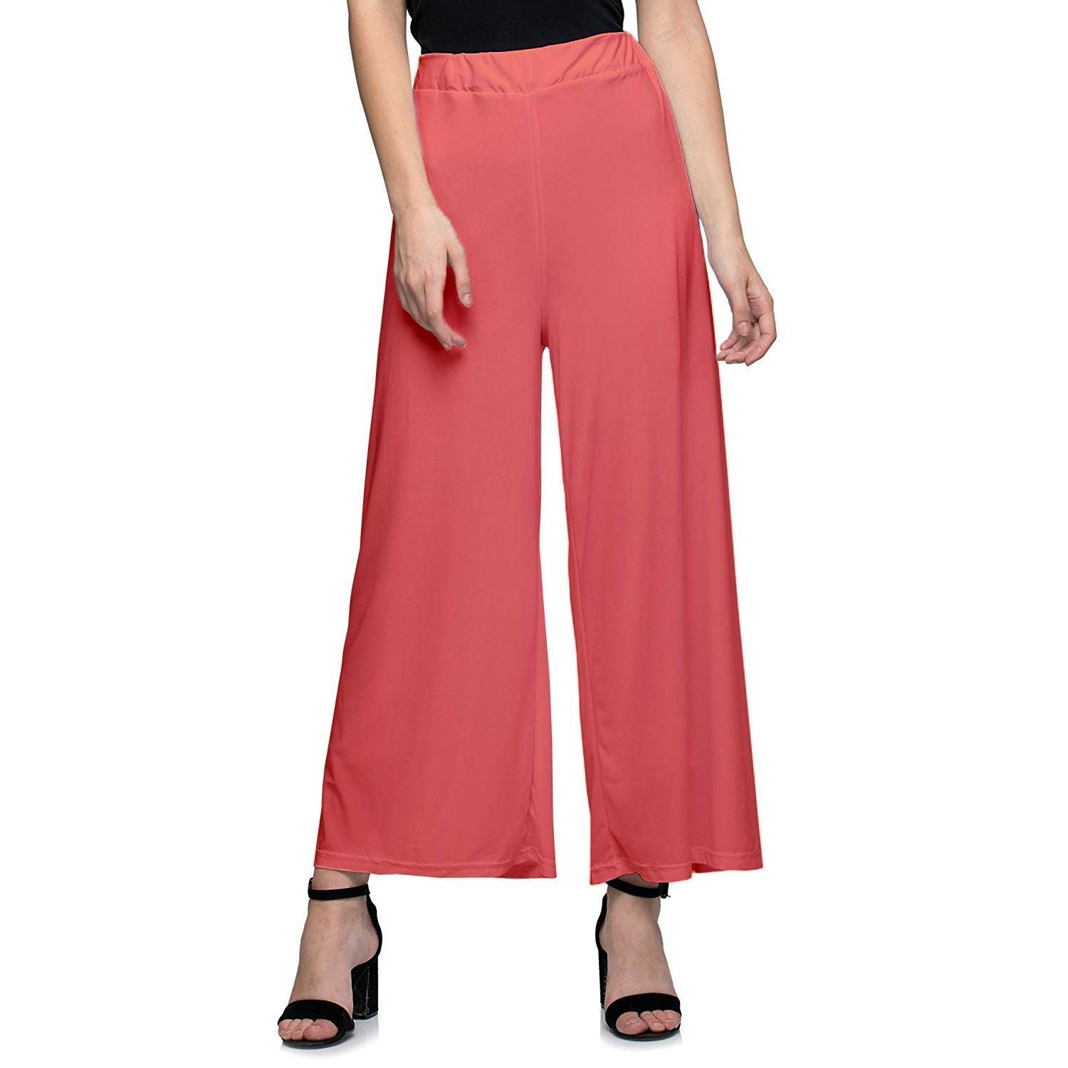 Women's Casual Wide Leg Solid Color Mid Rise Loose Fit Palazzo Pants (One Size, Peach Pink) - Walgrow.com