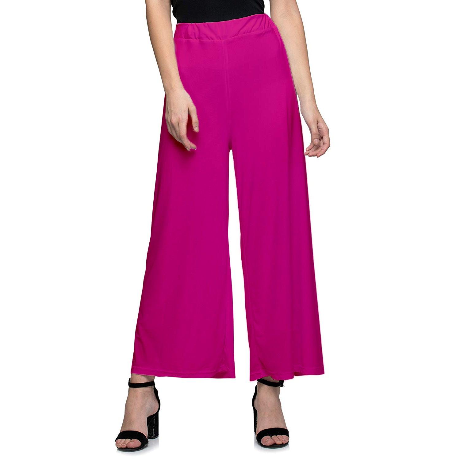 Women's Casual Wide Leg Solid Color Mid Rise Loose Fit Palazzo Pants (One Size, Pink) - Walgrow.com