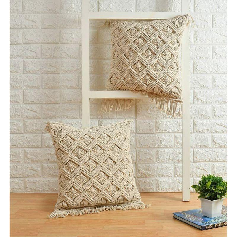 Zindwear Macrame Cotton Cushion Cover with Woven Tassel Best Gift For Home Décor ( Zig Zag, Cream) - Walgrow.com