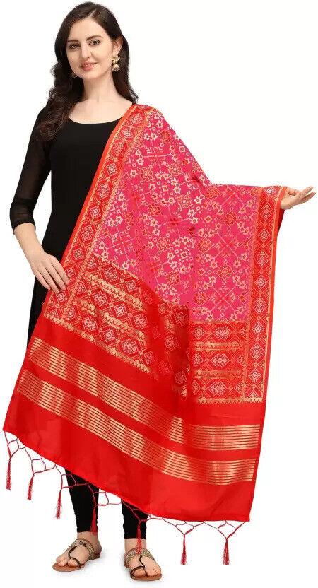 Zindwear Women's Floral Design Woven Silk Blend Dupatta/Chunni/Scarf (Red and Pink) - Walgrow.com