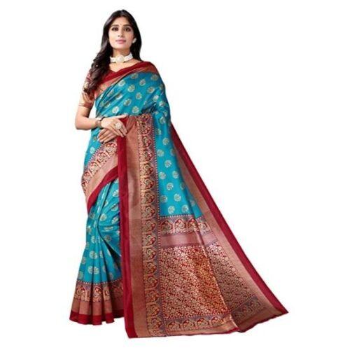 Zindwear Women's Rama Blue Printed Poly Silk Saree with Blouse Party Wedding and Casual Wear - Walgrow.com