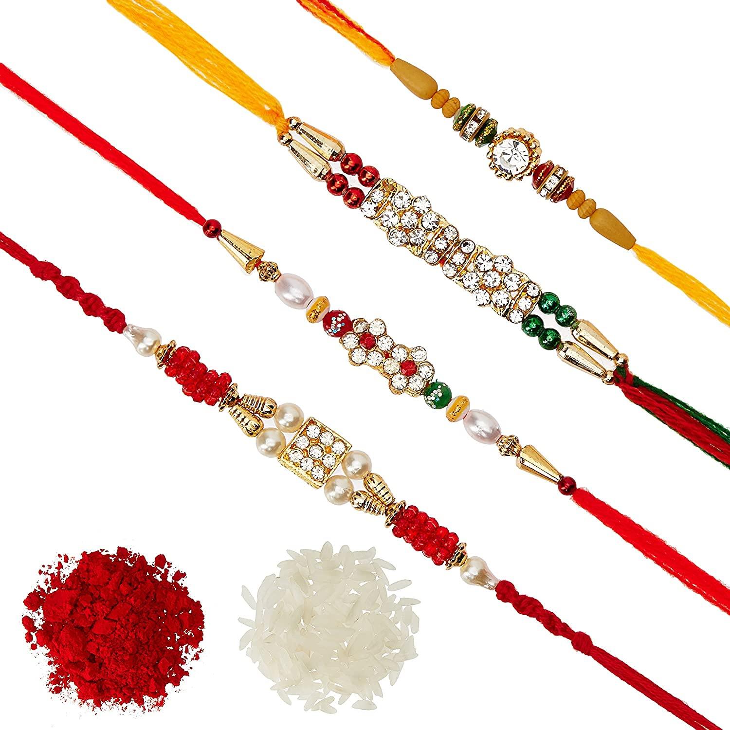 Assorted Attractive AD Nug With Wooden Beads Rakhi With Roli & Chawal (Set Of 4, Multi) - Walgrow.com