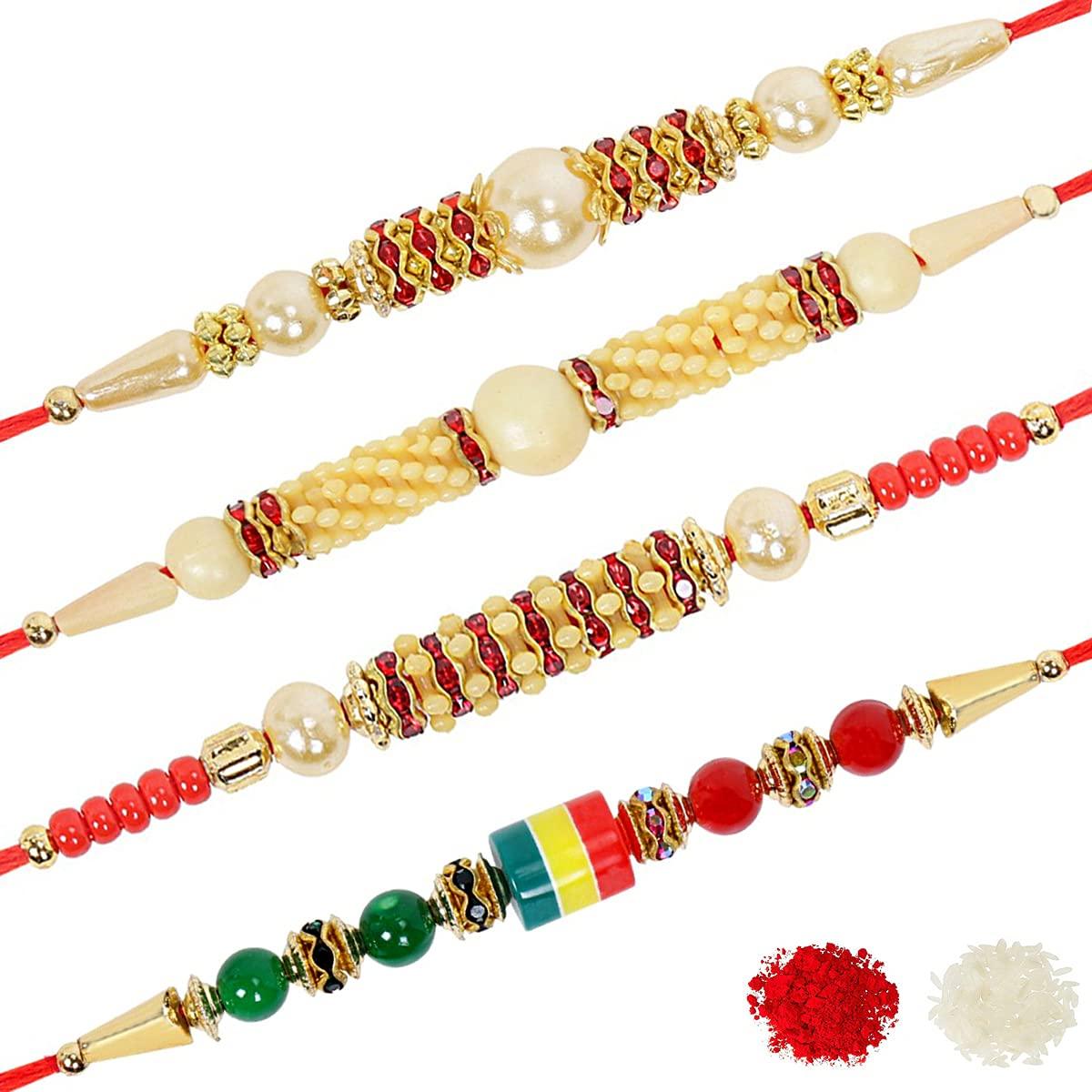 Assorted Attractive Thread bracelets Rakhi With Roli & Chawal (Set Of 4, Multi) - Walgrow.com