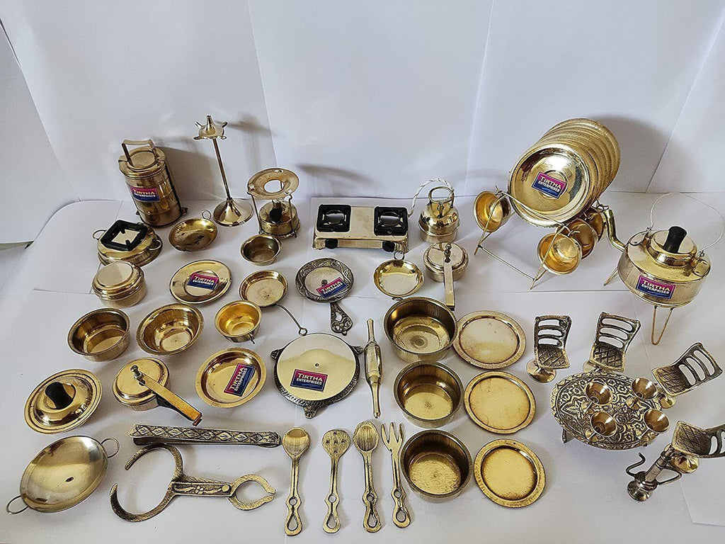 Brass Modern Miniature Mini Kitchen Tableware Toy For Kids Set Of 60 Pieces Golden Walgrow