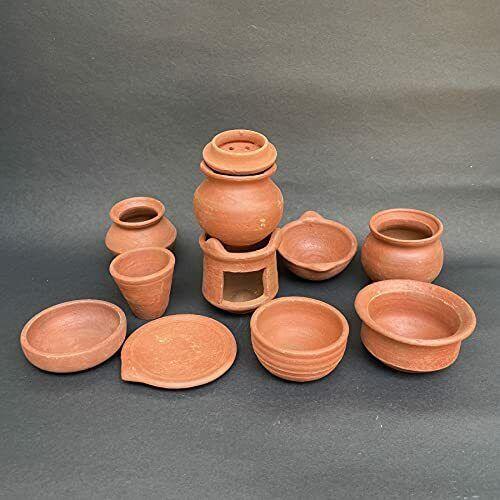 Earthen Doll House Clay/Terracotta Miniature Kitchen Set For Kids Playing (Set Of 11 Pieces, Brown) - Walgrow.com