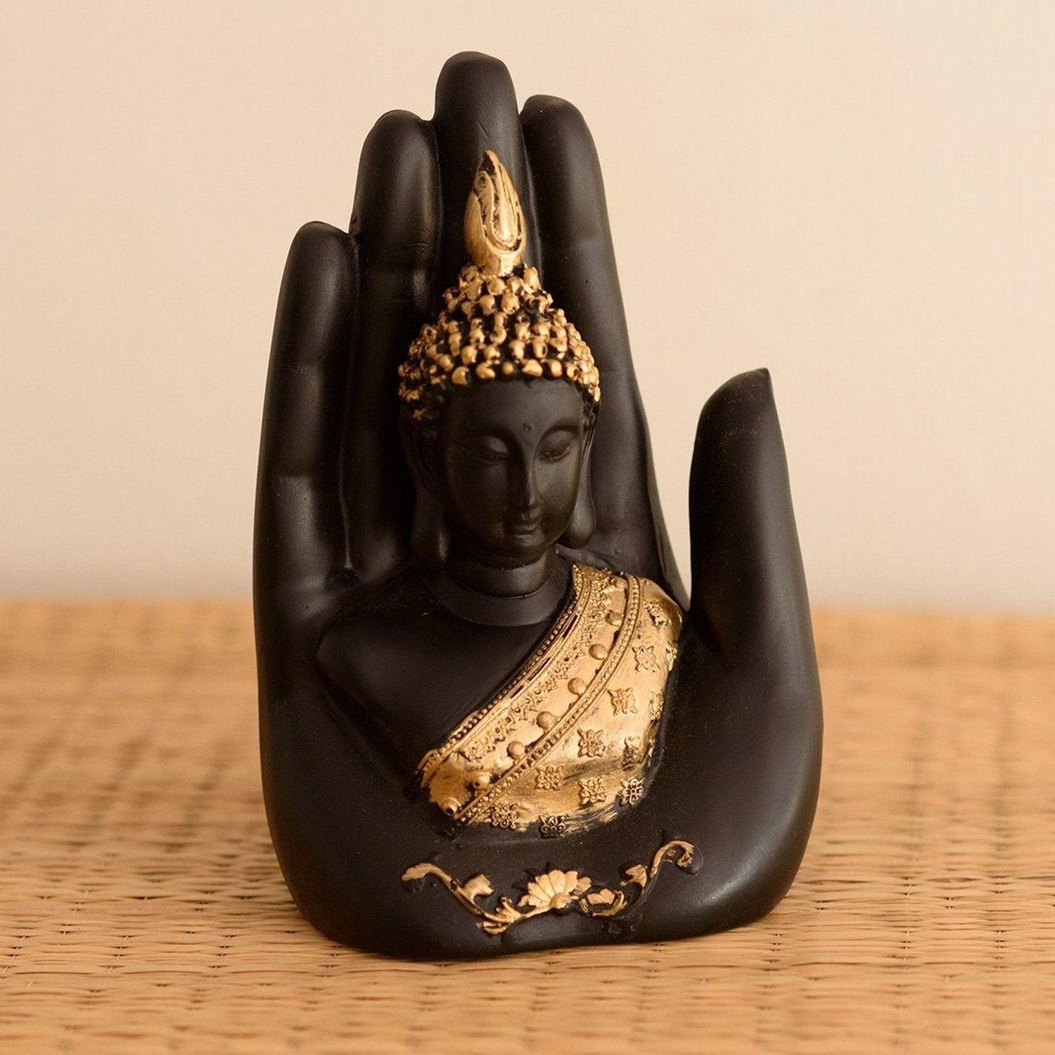 Golden & Black Polyresin Handcrafted Palm Buddha Statue Showpiece For Decoration - Walgrow.com