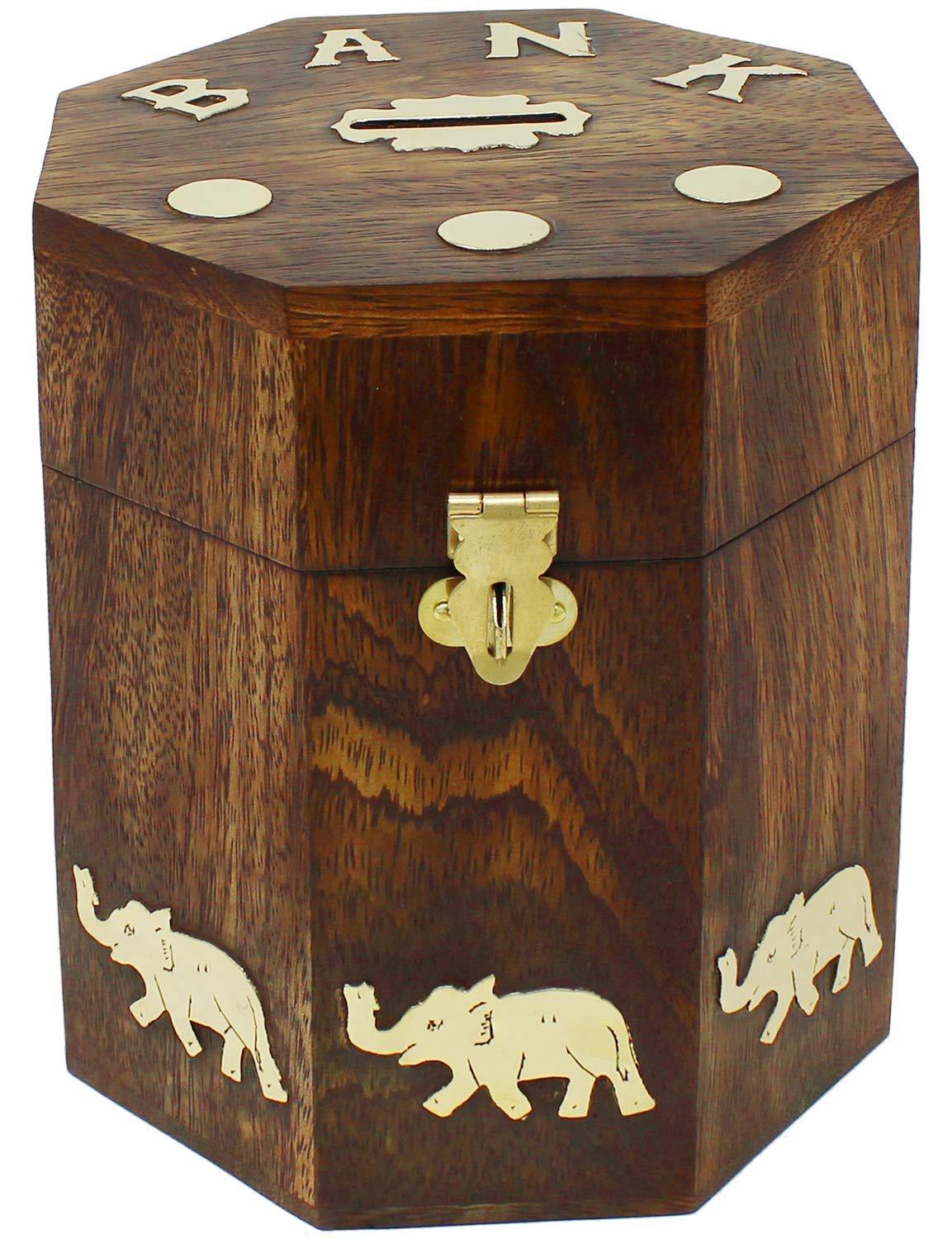 Handicrafted Wooden Piggy Bank, Money Saving Storage Box Great For Gifts (Hexagon) - Walgrow.com