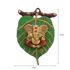 Indian Religious Green Leaf Metal Lord Ganesha For Wall Hanging (Multicolour) - Walgrow.com