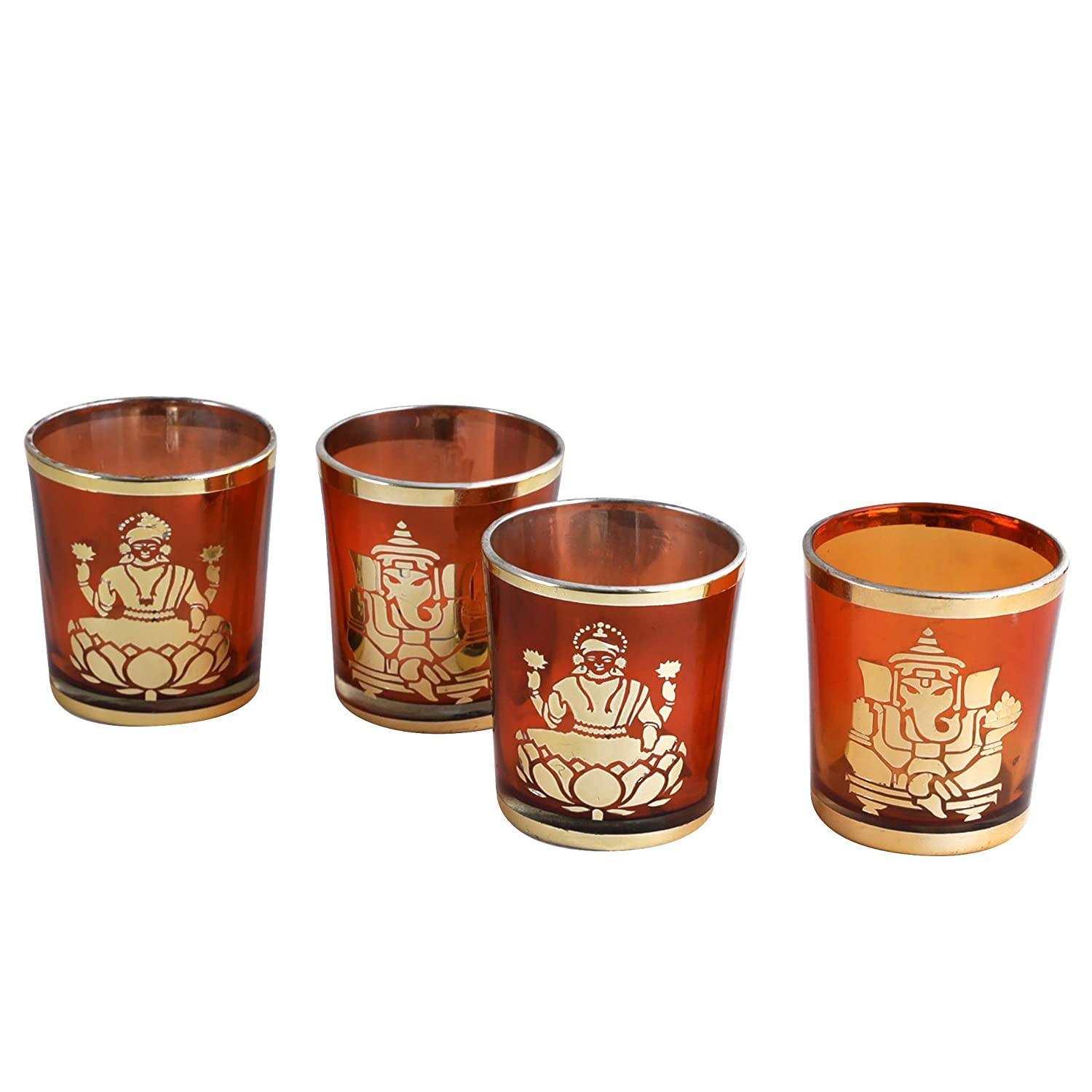 Laxmi and Ganesh Votive Glass Tealight Candle Holders For Gift, Home Décoration - Walgrow.com