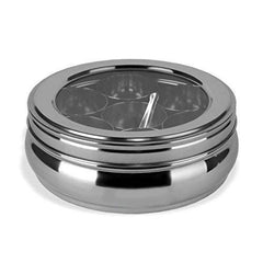 Stainless Steel Belly Shape Spices/Masala Dabba/Box with Lid, 7 Containers and Spoon (1.1 Ltr, Silver) - Walgrow.com
