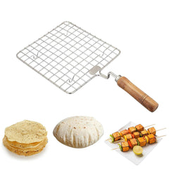 Stainless Steel Square Roaster Grill with Wooden Handle For Kitchen Cooking - Walgrow.com