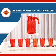 Unbreakable Designer BPA Free Plastic Water Jug with 6 Glasses (Red, 2 Liter) - Walgrow.com