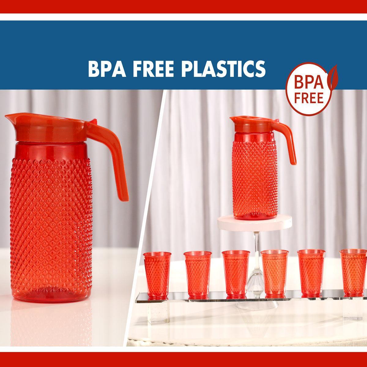Unbreakable Designer BPA Free Plastic Water Jug with 6 Glasses (Red, 2 Liter) - Walgrow.com