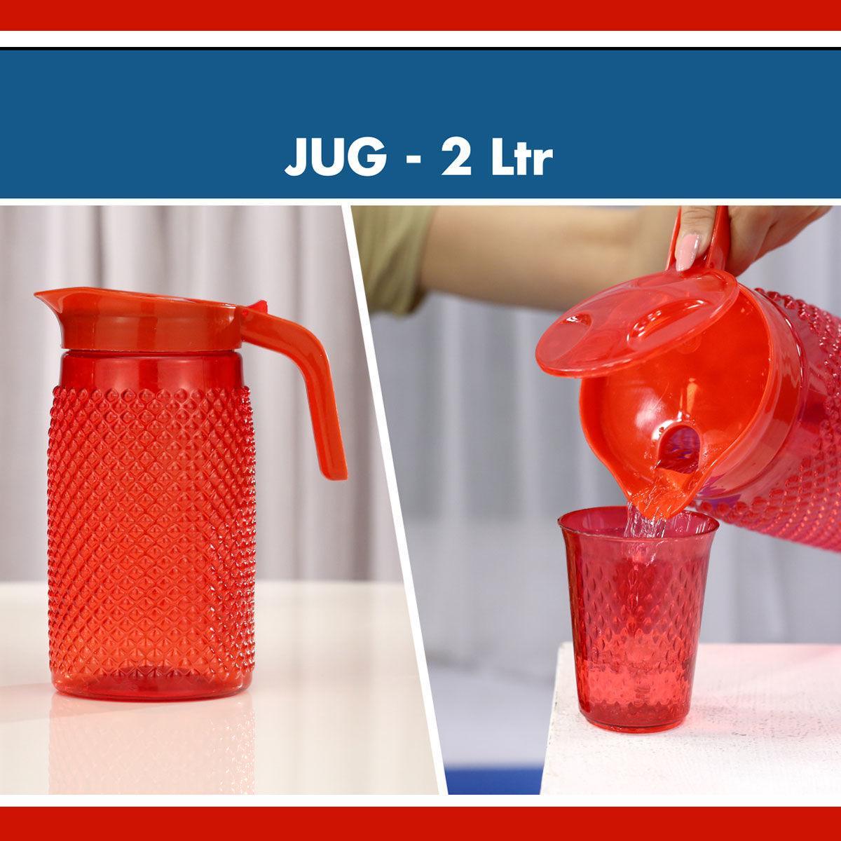 Unbreakable Designer BPA Free Plastic Water Jug with 6 Glasses (Red, 2 Liter) - Walgrow.com