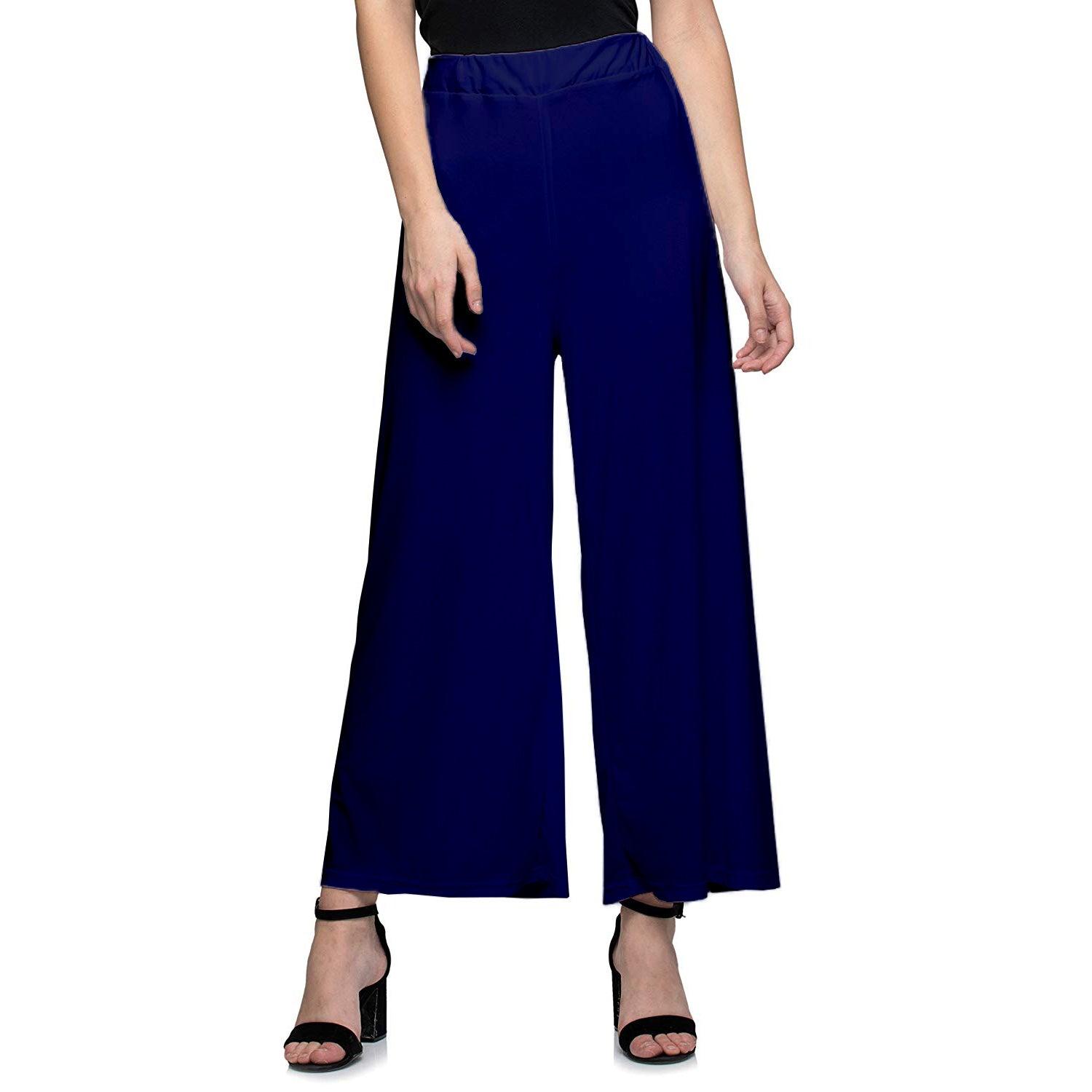 Women's Casual Wide Leg Solid Color Mid Rise Loose Fit Palazzo Pants (One Size, Navy Blue) - Walgrow.com