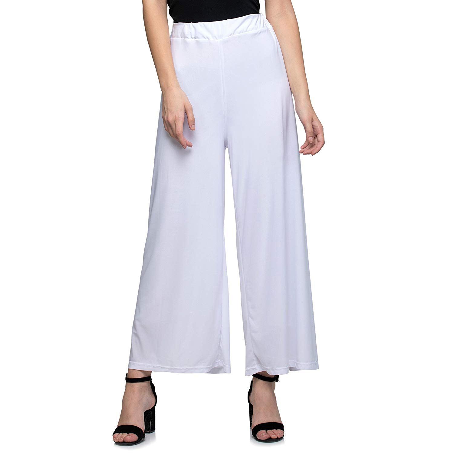 Women's Casual Wide Leg Solid Color Mid Rise Loose Fit Palazzo Pants (One Size, White) - Walgrow.com