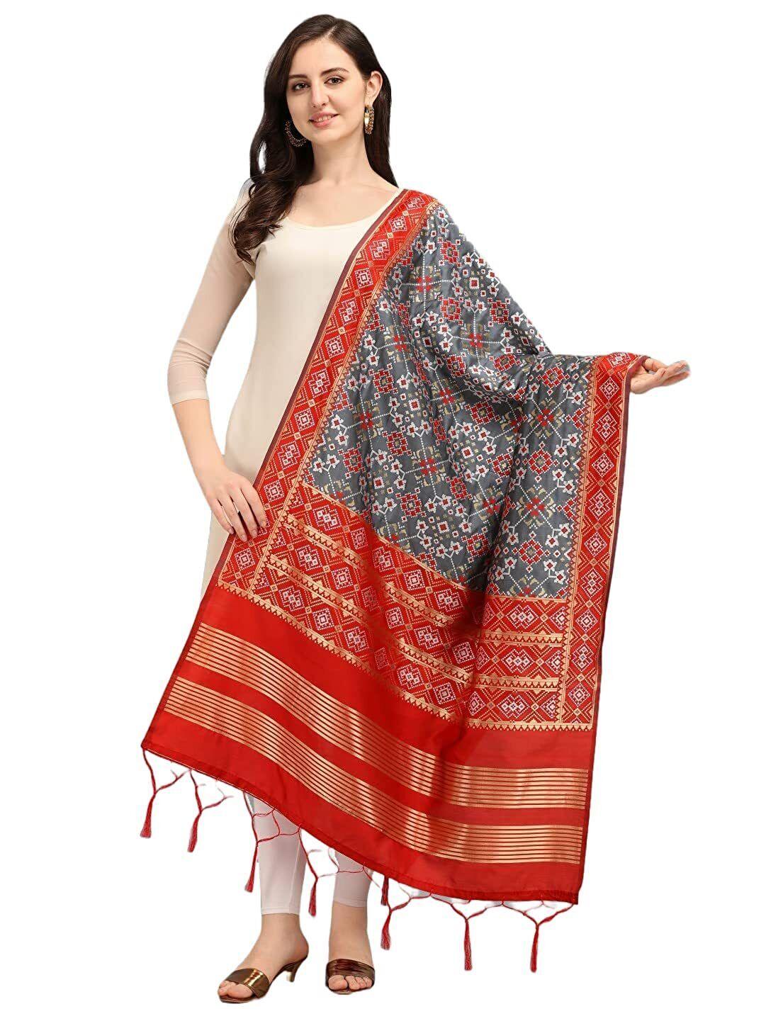 Zindwear Women's Floral Design Woven Silk Blend Dupatta/Chunni/Scarf (Red and Grey) - Walgrow.com