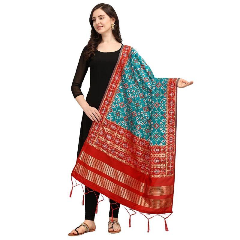 Zindwear Women's Floral Design Woven Silk Blend Dupatta/Chunni/Scarf (Red and Sea Green) - Walgrow.com