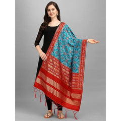 Zindwear Women's Floral Design Woven Silk Blend Dupatta/Chunni/Scarf (Red and Sky Blue) - Walgrow.com