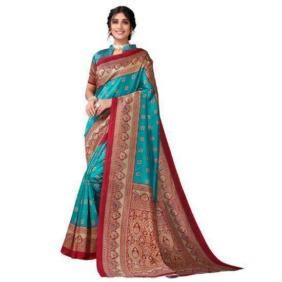 Zindwear Women's Rama with Beige Printed Poly Silk Saree with Blouse Party Wedding and Casual Wear - Walgrow.com