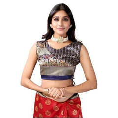 Zindwear Women's Red with Navy Blue Printed Poly Silk Saree with Blouse Party Wedding and Casual Wear - Walgrow.com