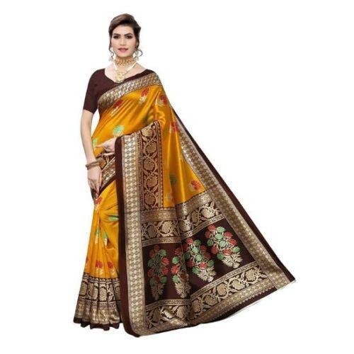 Zindwear Women's Yellow and Golden Printed Poly Silk Saree with Blouse Party Wedding and Casual Wear - Walgrow.com