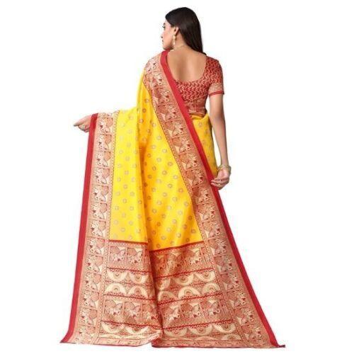 Zindwear Women's Yellow with Red Printed Poly Silk Saree with Blouse Party Wedding and Casual Wear - Walgrow.com